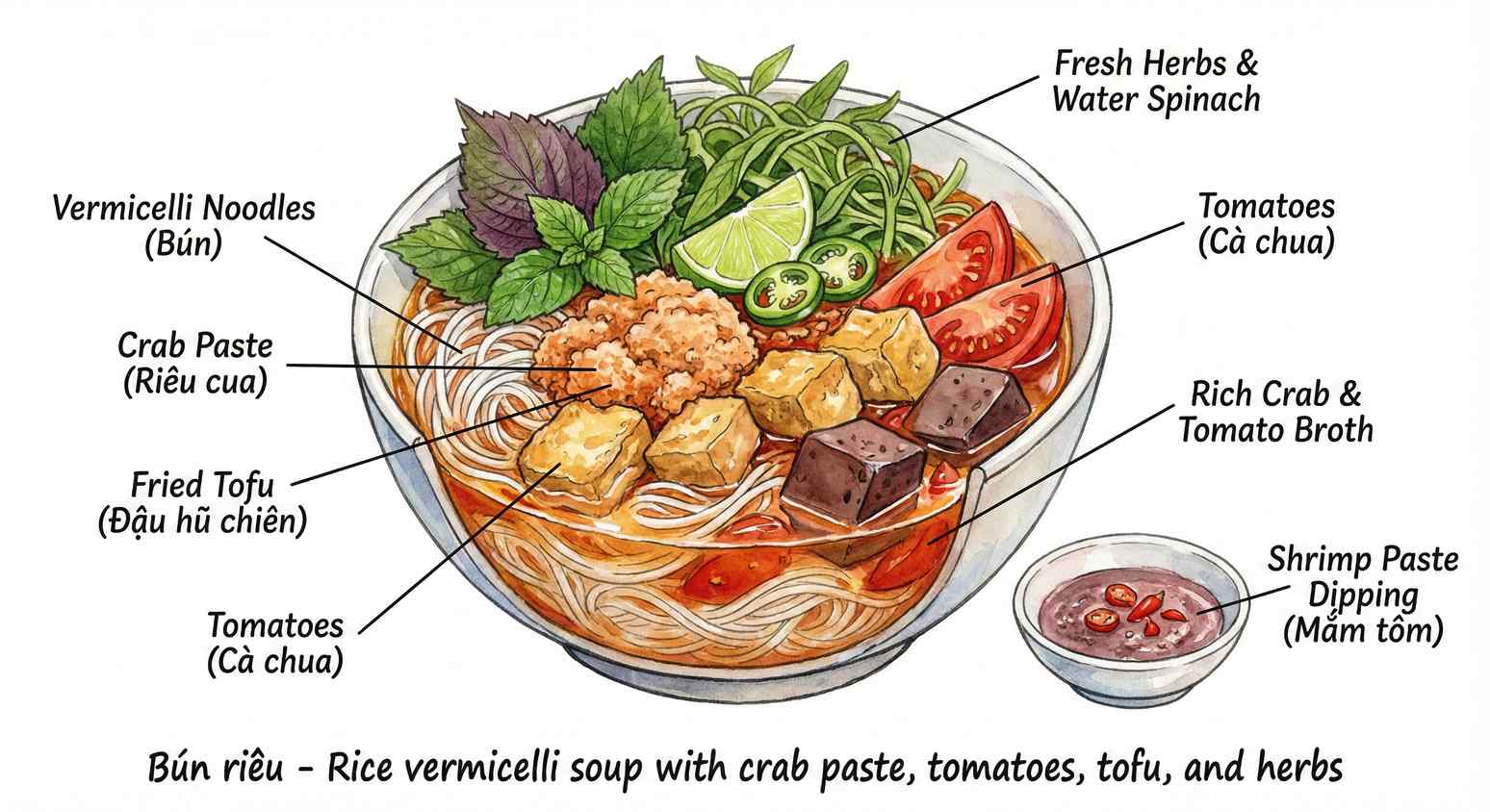 Bún Riêu ingredients sketch